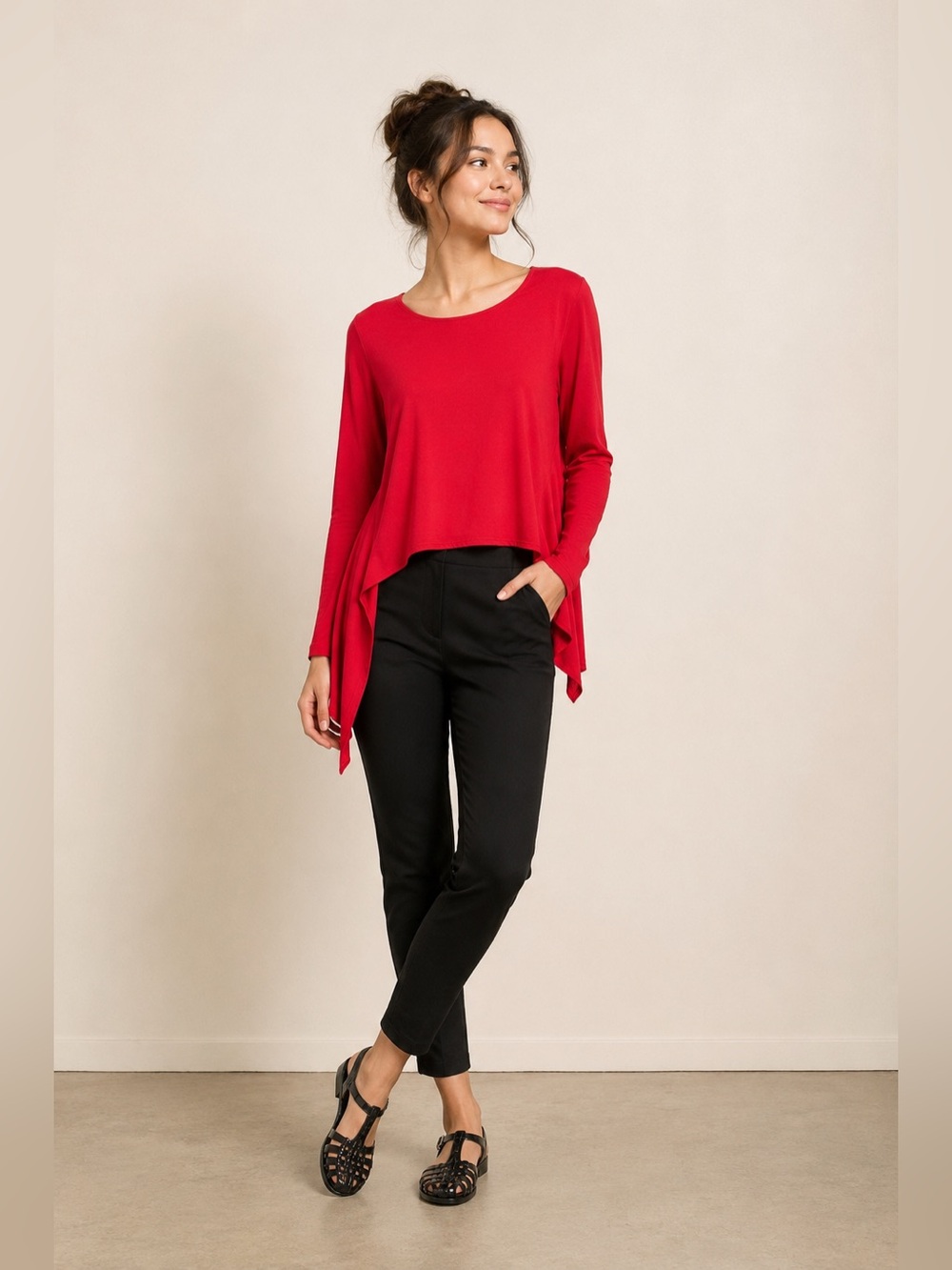 Comfy USA Red Long-Sleeve Asymmetrical Hem Crop Top Size Large